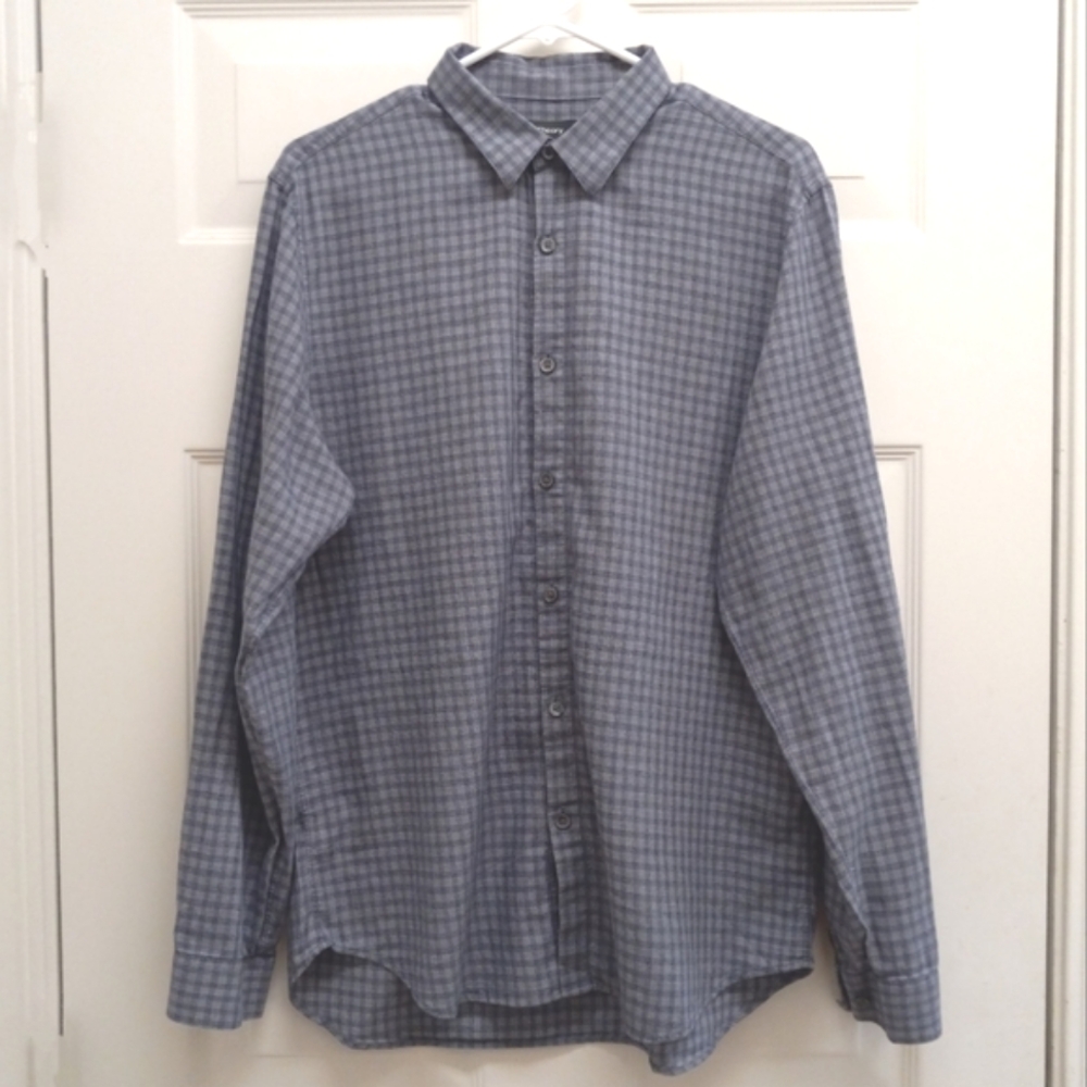 Theory Irving Visby Button Up Shirt Large Blue Gray Plaid Check Casual Office
